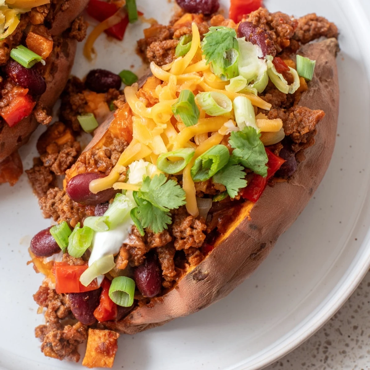 Warm baked sweet potato stuffed with flavorful chili, topped with fresh green onions.