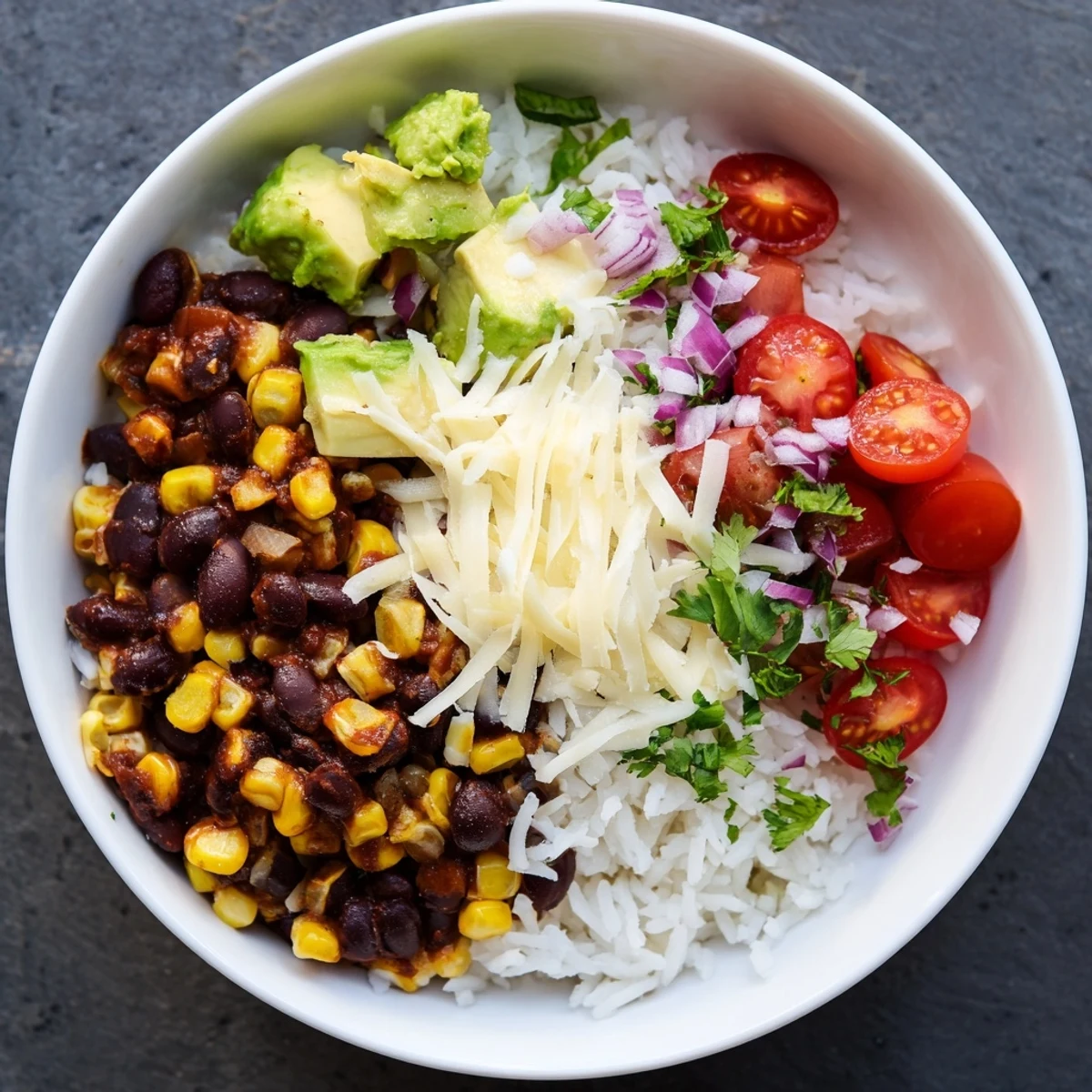The hearty Rice, Bean, and Corn Burrito Bowls feature fluffy rice and vibrant bean and corn textures, ready to eat.