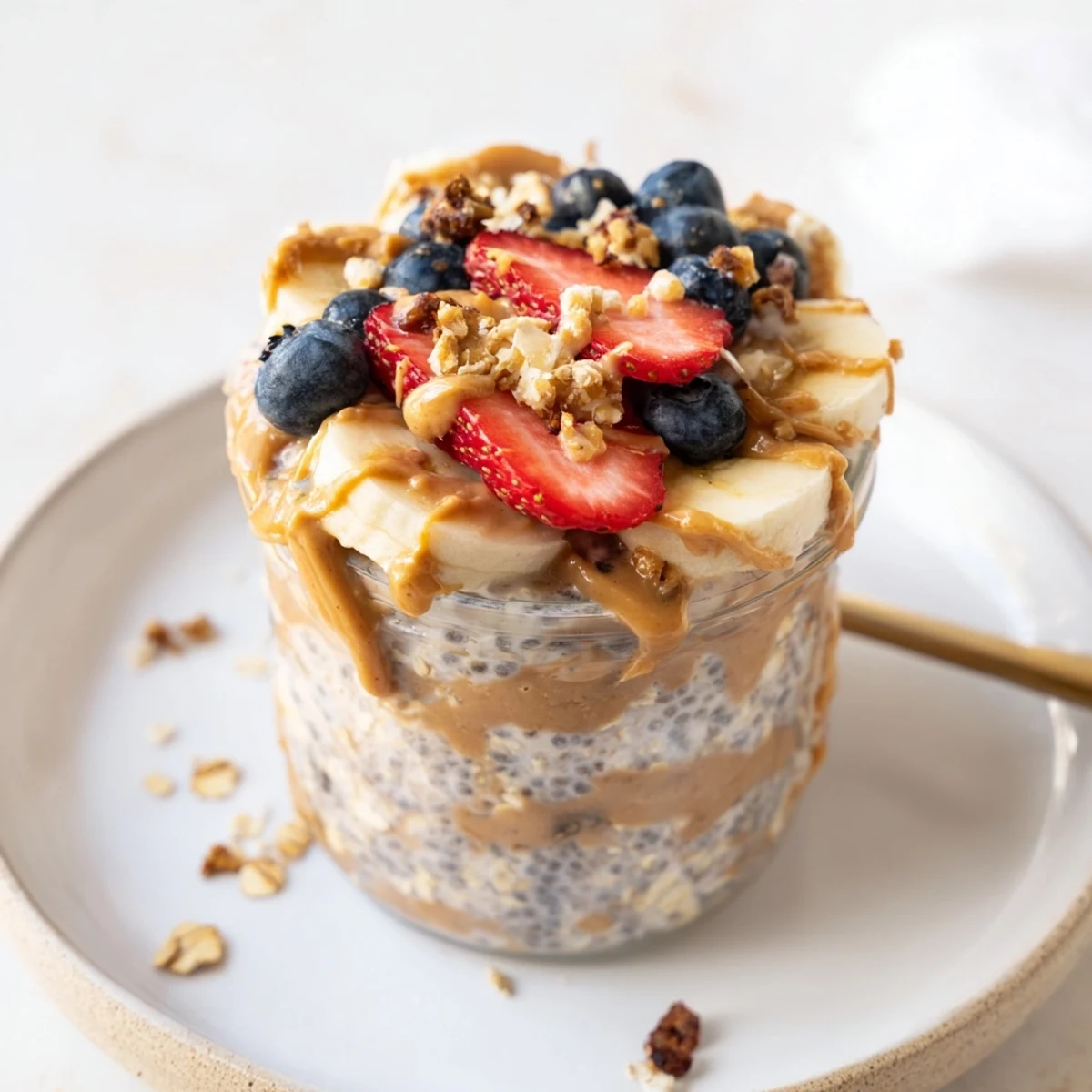 Perfectly chilled Overnight Oats jars, a delightful mix of oats, fruit, and peanut butter.