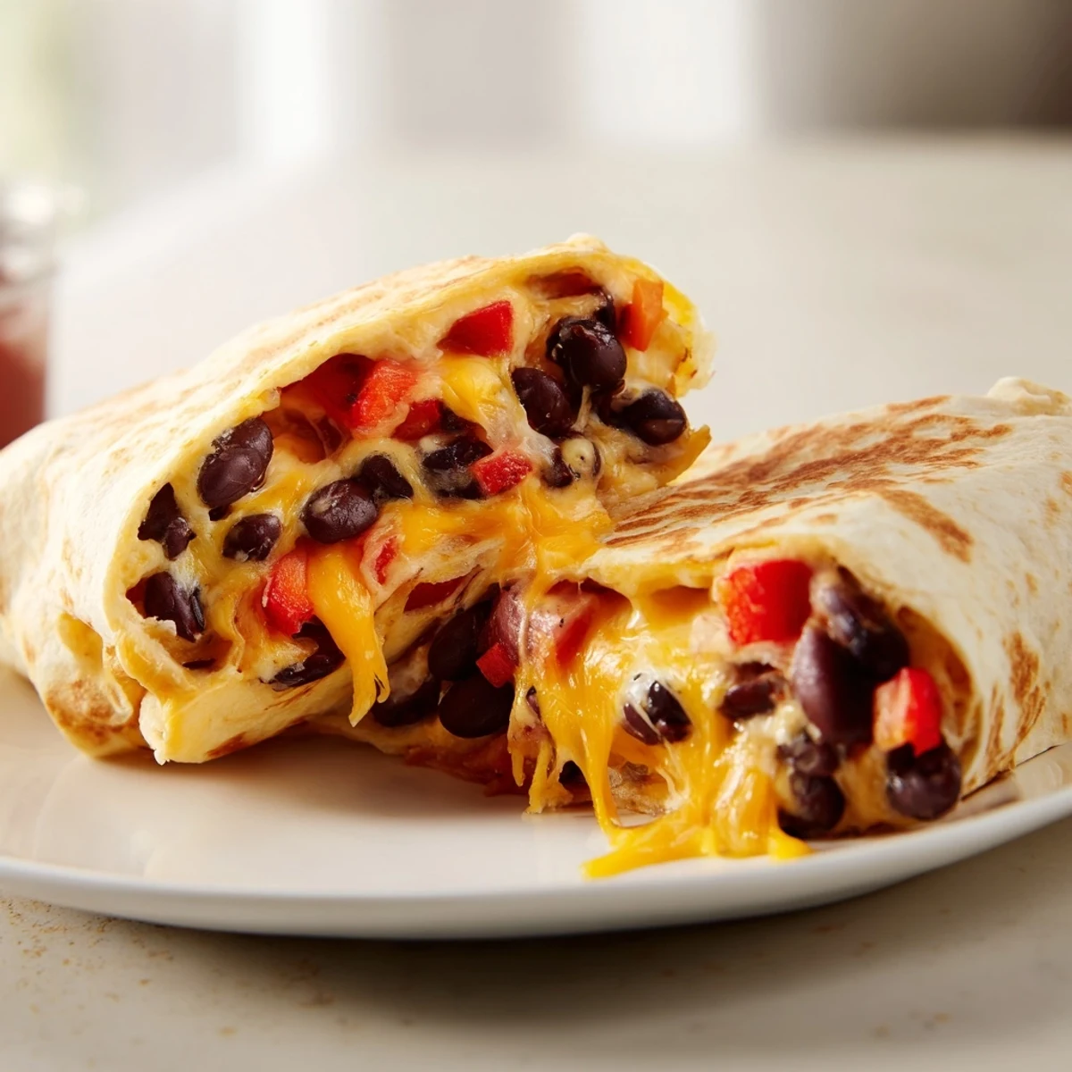 Baked tortilla wrap hack with beans and cheese, crispy golden brown, ready for serving with toppings.