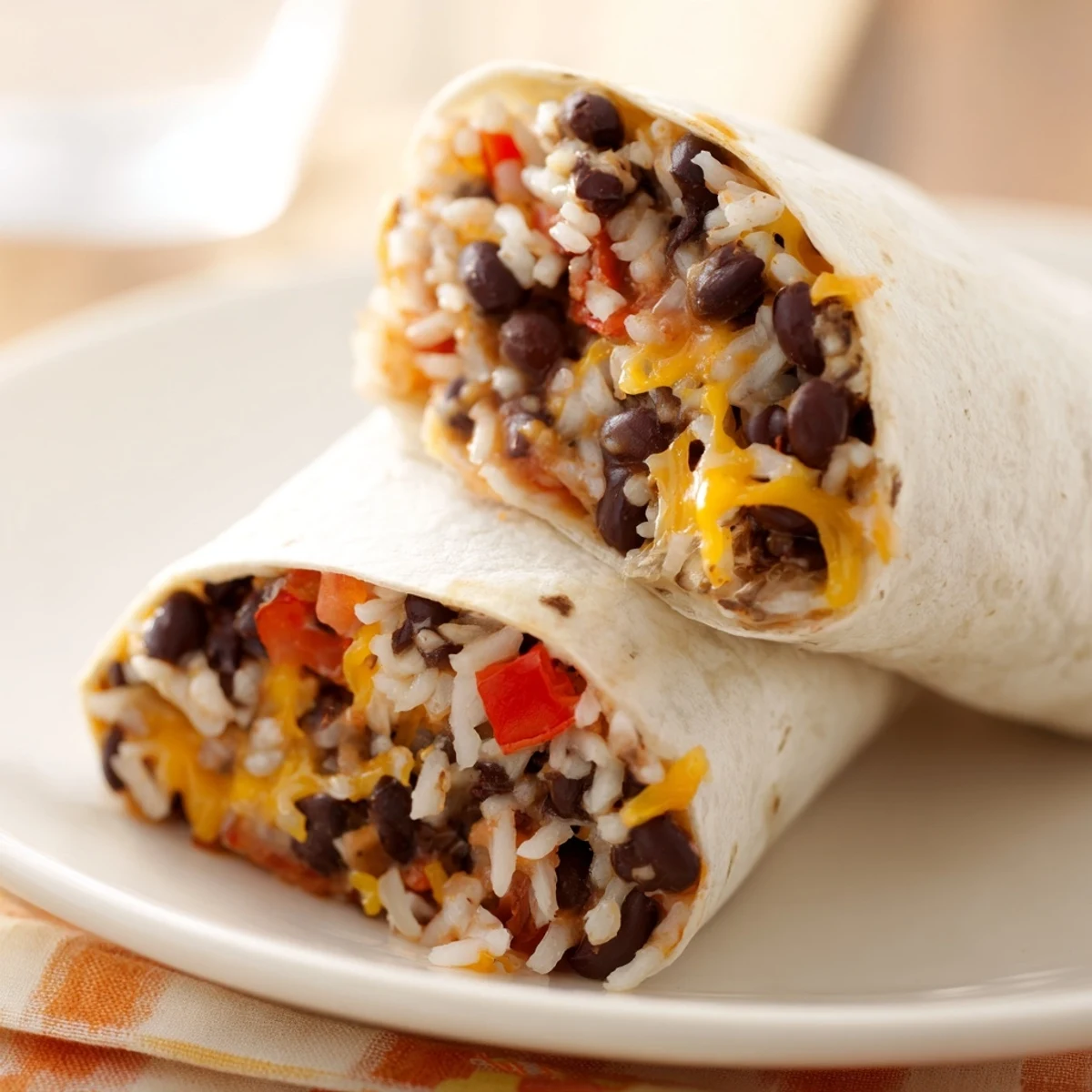 A close-up shot of delicious, freezer-friendly burritos, filled with beans, cheese, and vegetables.