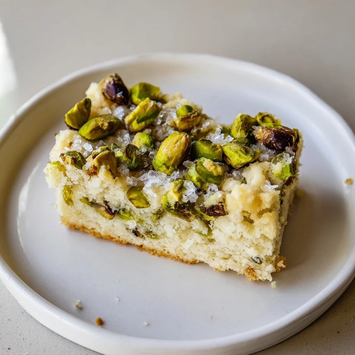Beautiful shot of homemade Salted Pistachio Shortbread cookies, showing a craggy edge and bright green pistachios.