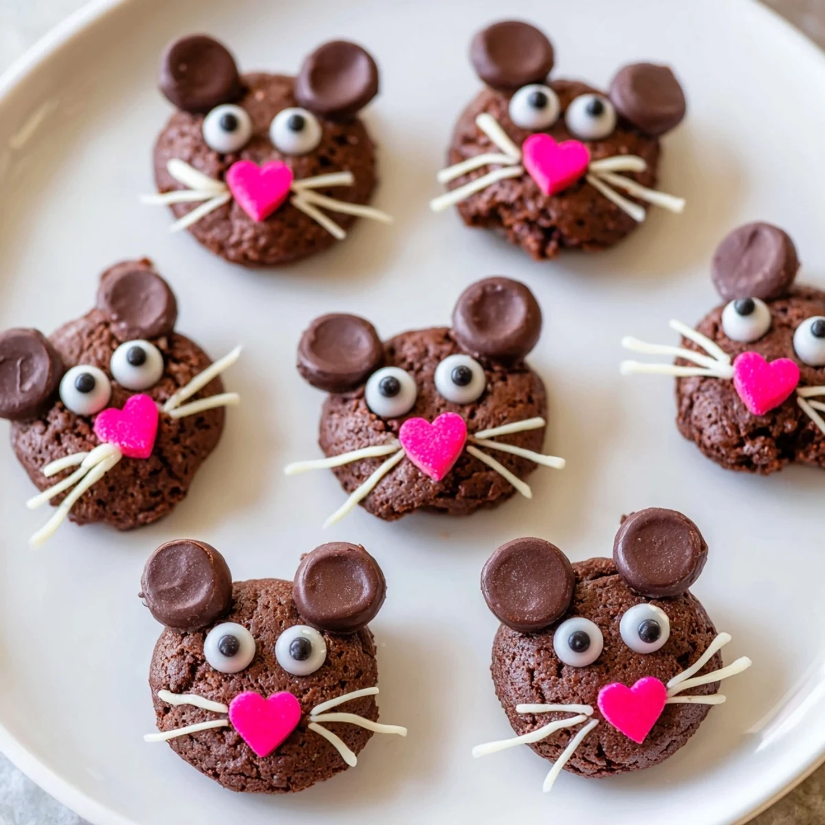 Fudgy Silly Rat Cake Brownie Bites, rich chocolate treats beautifully decorated showcasing playful rat faces.