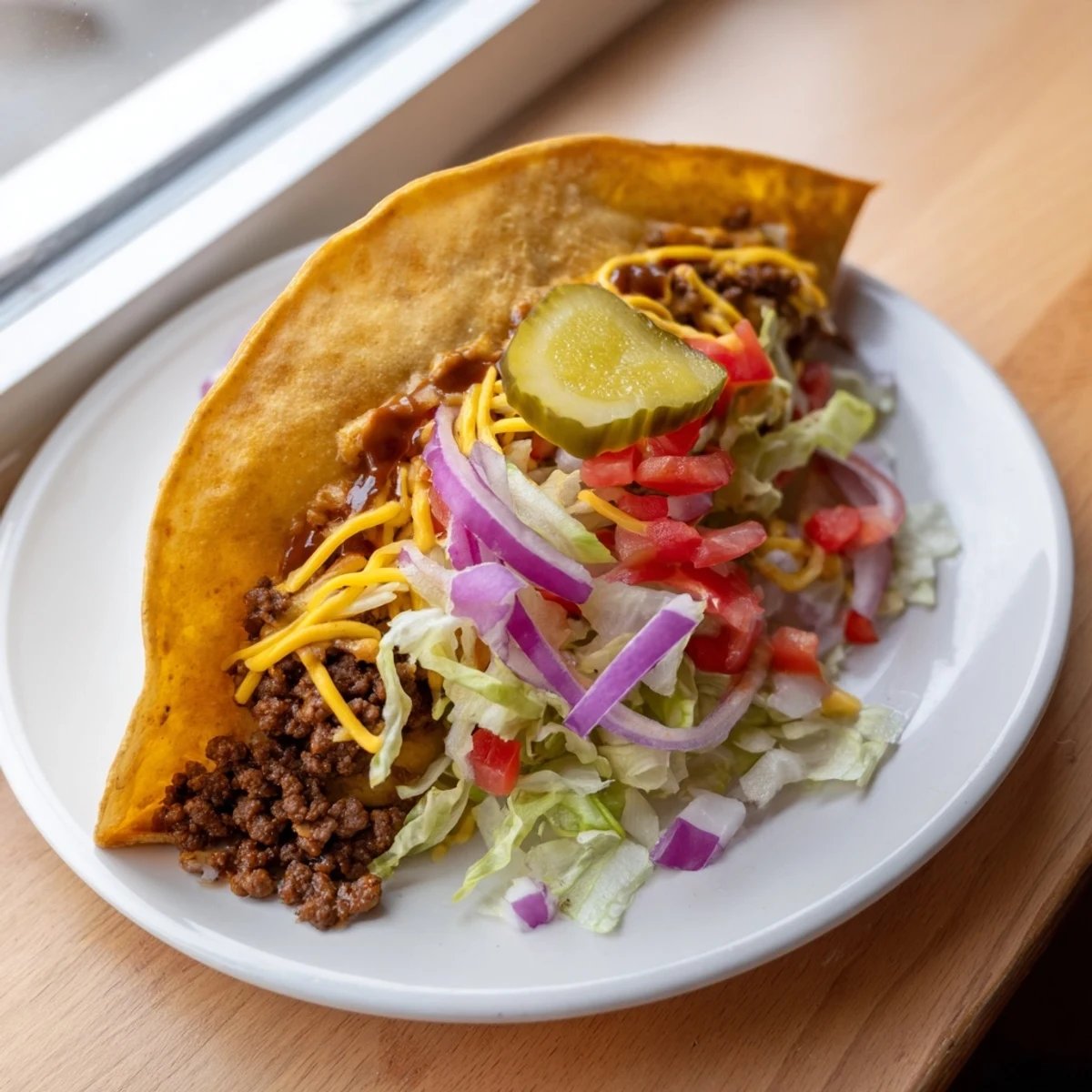 Golden-brown cheeseburger tacos overflowing with seasoned beef, melted cheese, and fresh toppings.