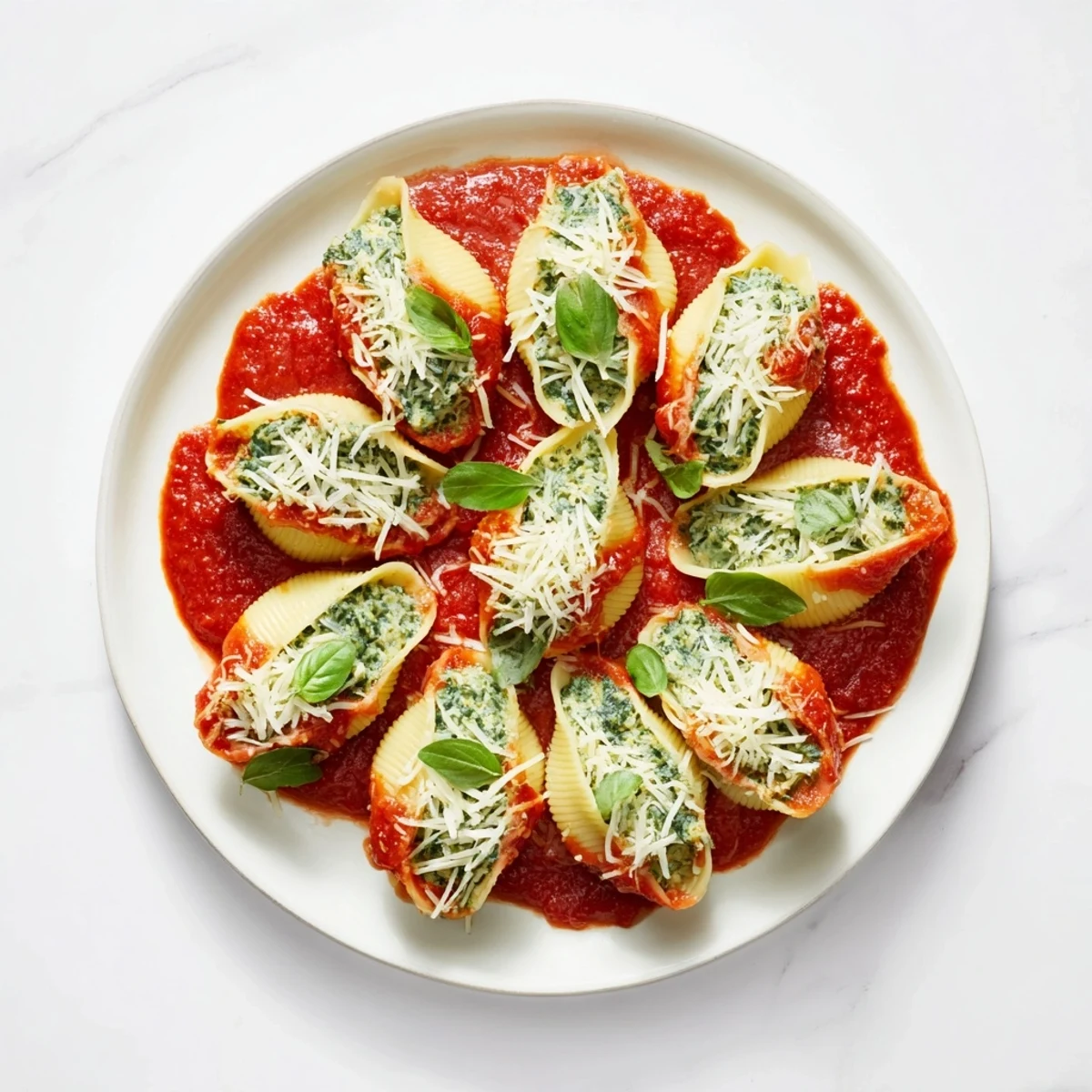 Pesto and Ricotta Stuffed Shells, bubbling with cheese, covered in marinara, perfect for a cozy Italian dinner.