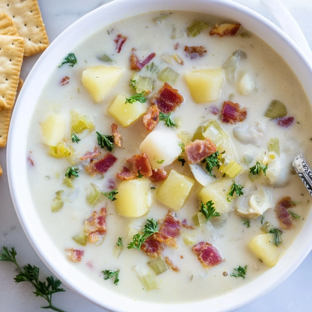 Creamy New England Clam Chowder with visible bacon bits and fresh parsley garnish is served.