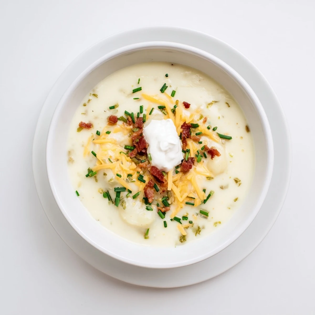 A steaming bowl of The Ultimate Baked Potato Soup, thick and creamy with visible toppings.