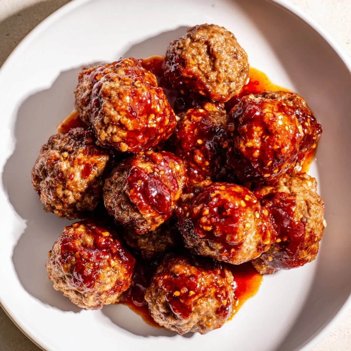 Baked, glistening cherry-glazed meatballs in a serving bowl, perfect for your next party appetizer.