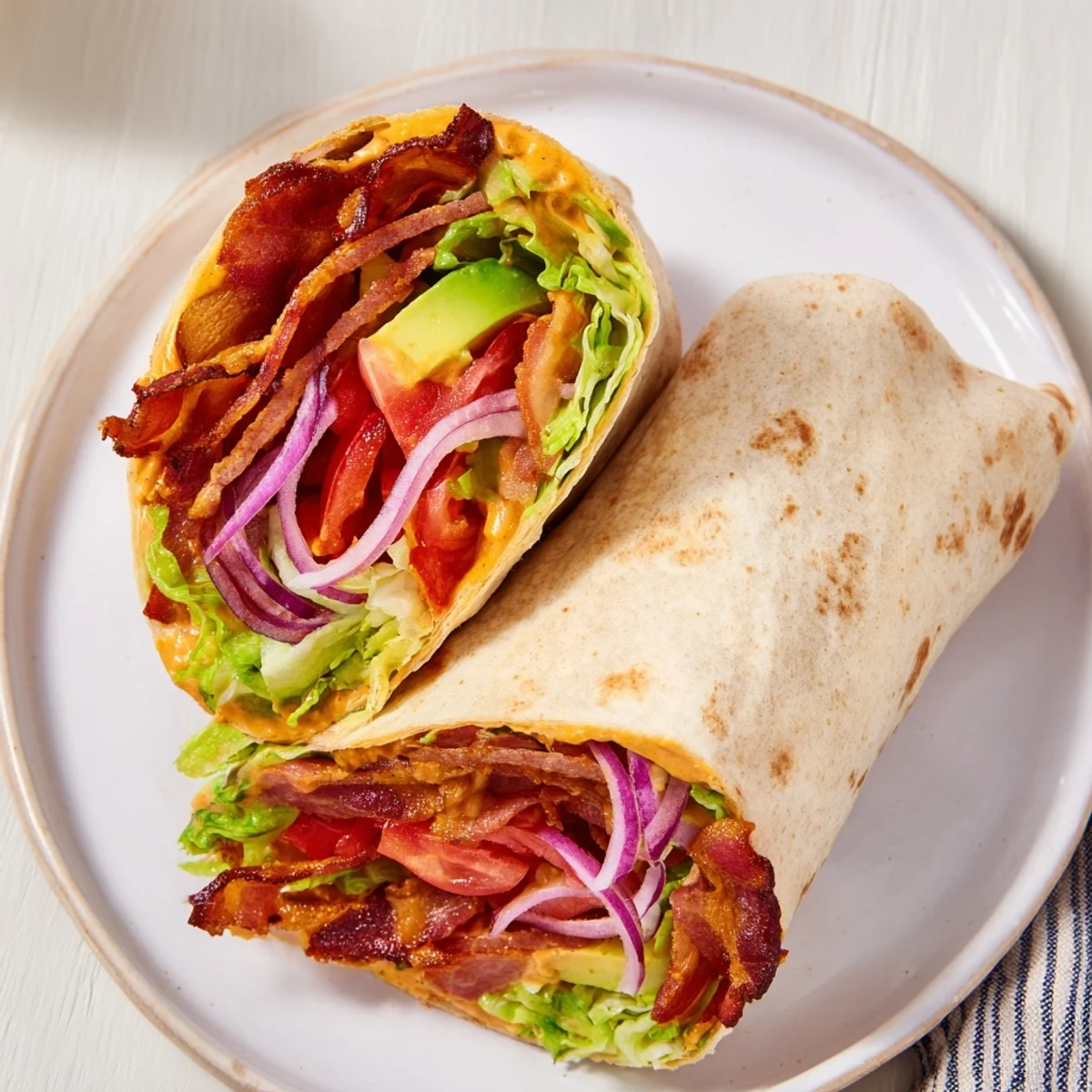 Crispy bacon peeks from these Zesty BLT Wraps, with a creamy chipotle mayo drizzle.