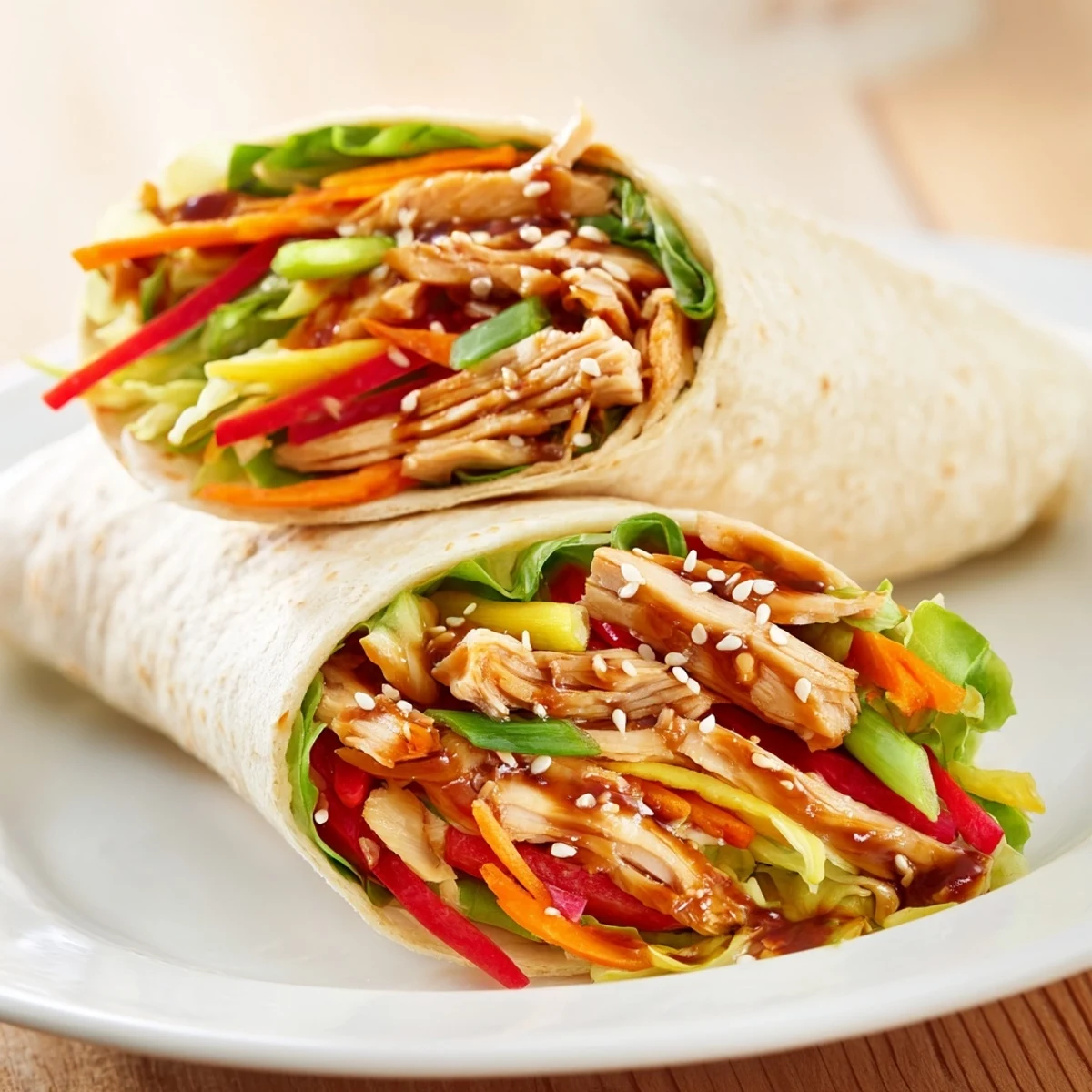 Tender teriyaki chicken wrap, bursting with colorful veggies, makes a satisfying and easy lunch.