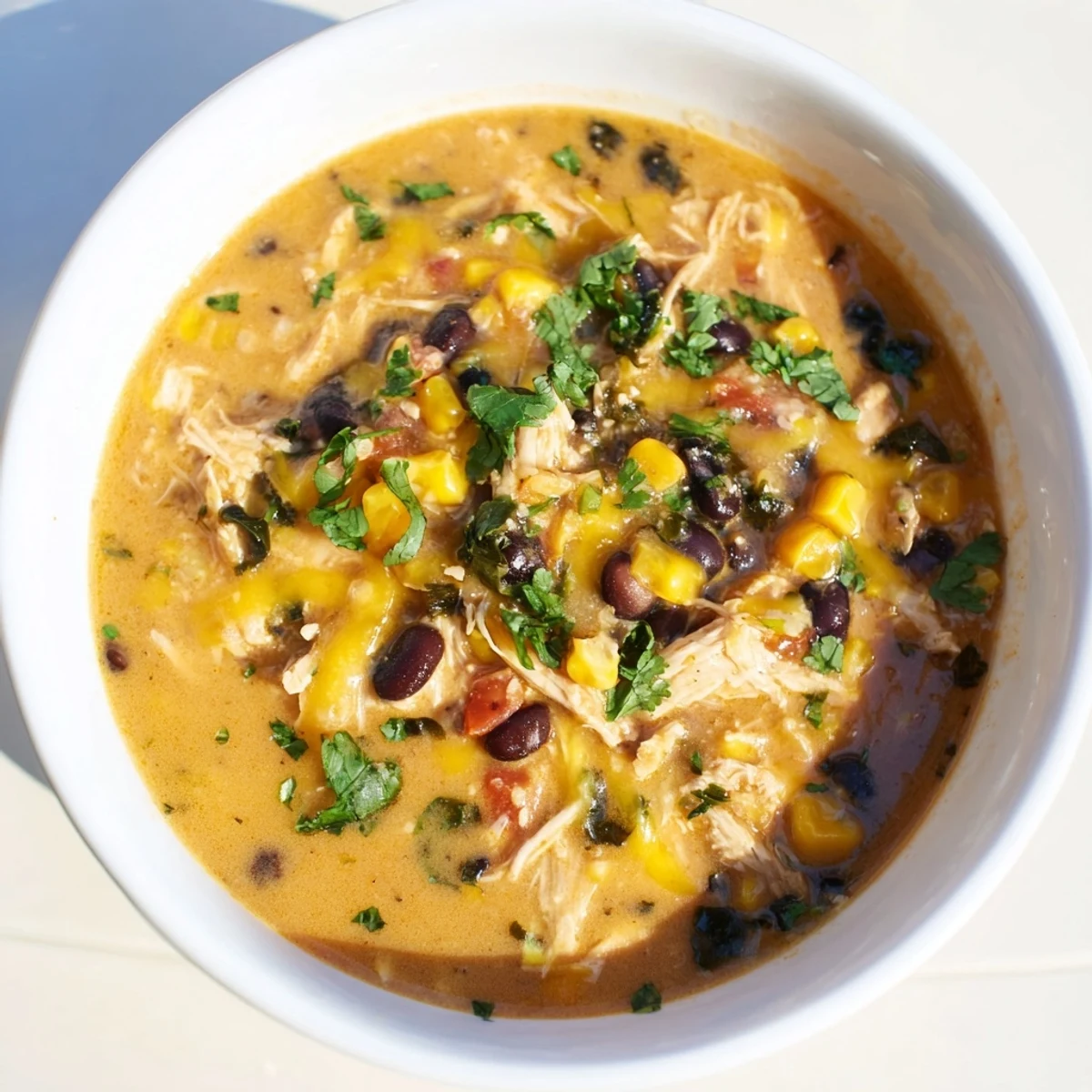 A steaming bowl of Chicken Poblano Soup, garnished with vibrant cilantro and ready to eat.
