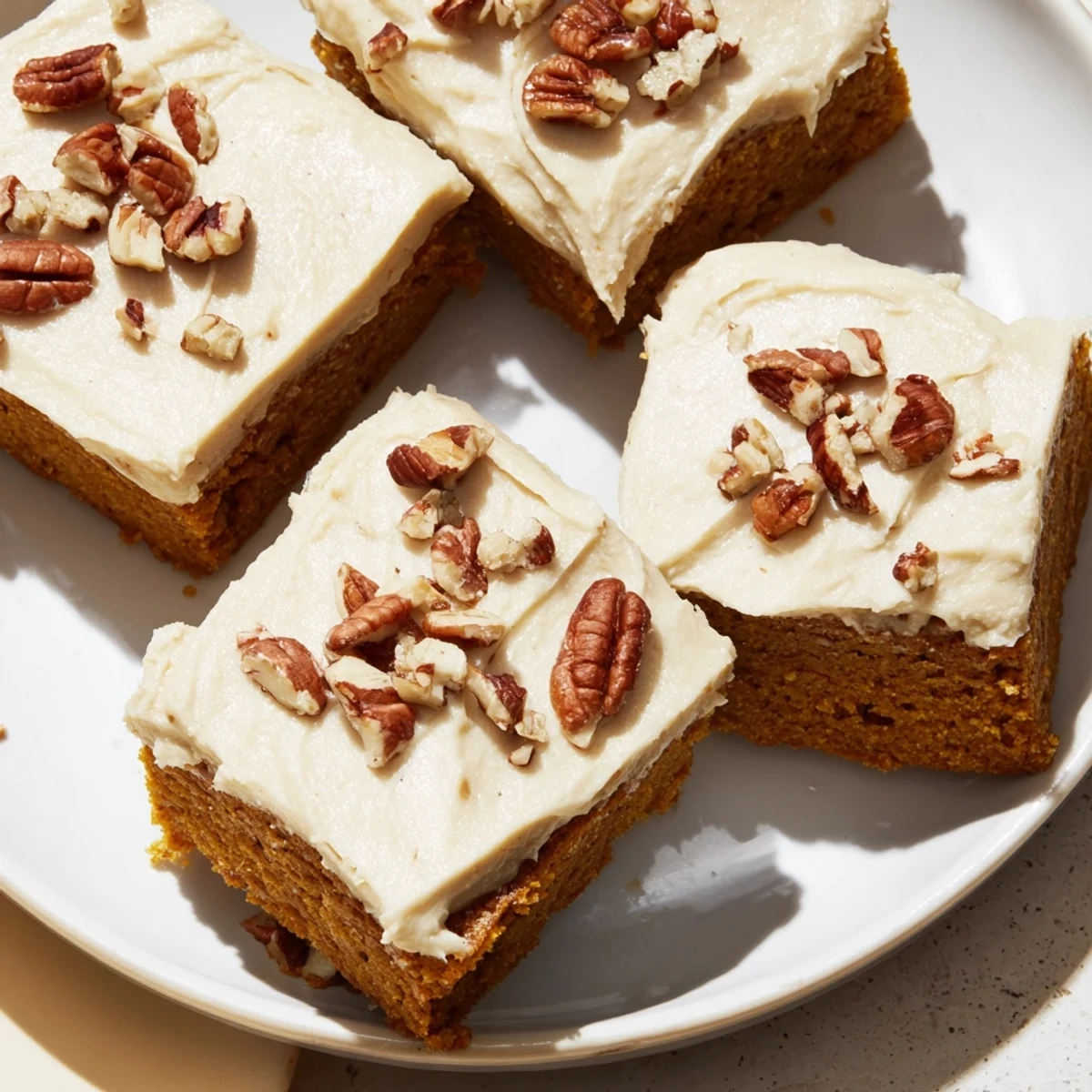 Warm, frosted pumpkin bars with a rich brown sugar frosting, ready to be sliced and served.