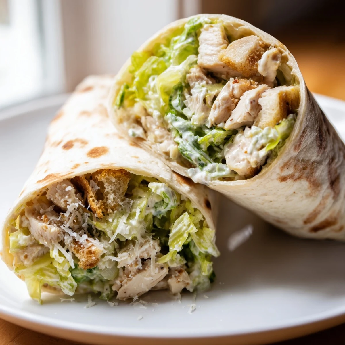 Juicy chicken Caesar wraps filled with fresh romaine and creamy dressing, perfect for lunch.