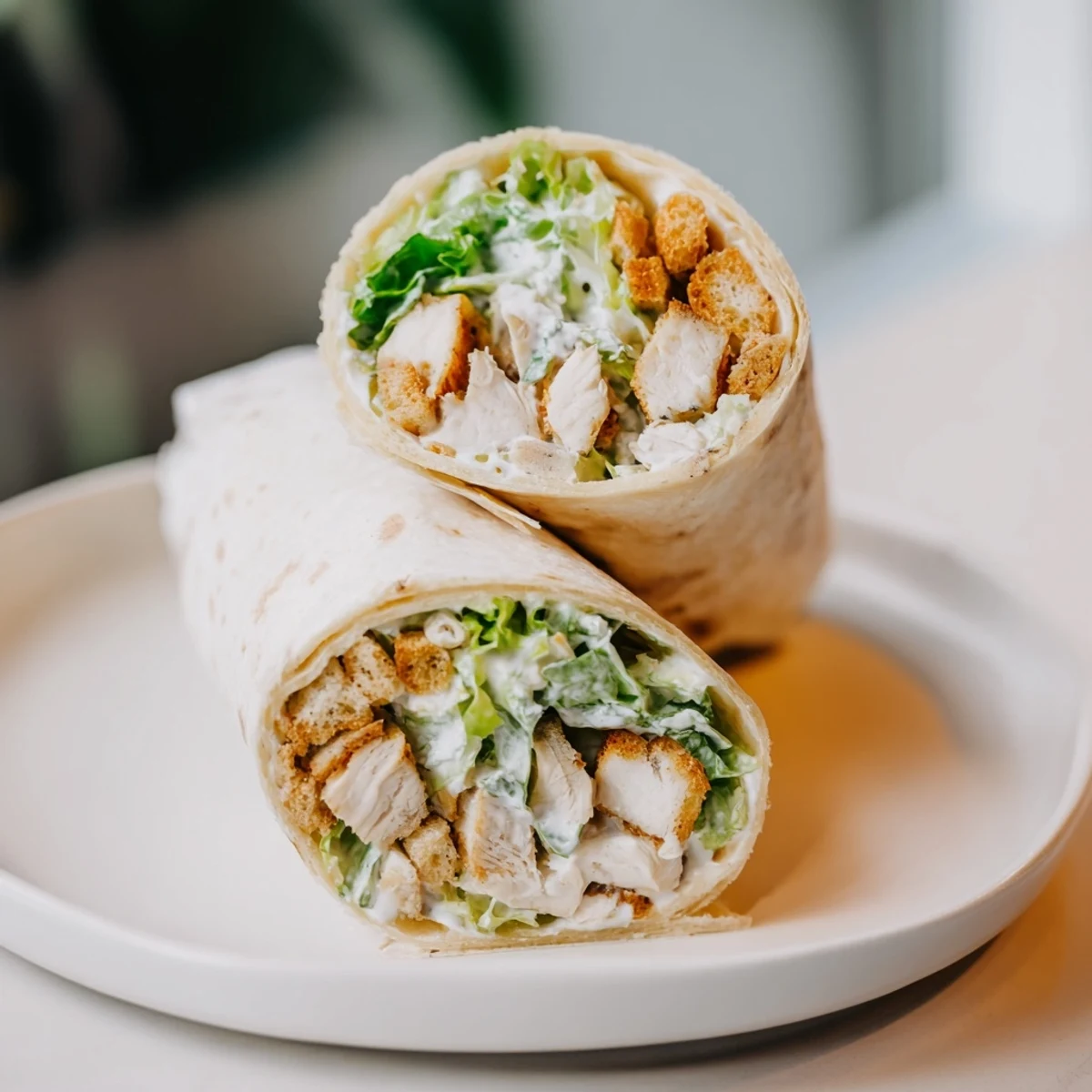 Savory chicken Caesar wraps, showcasing a perfectly rolled tortilla with visible ingredients inside.