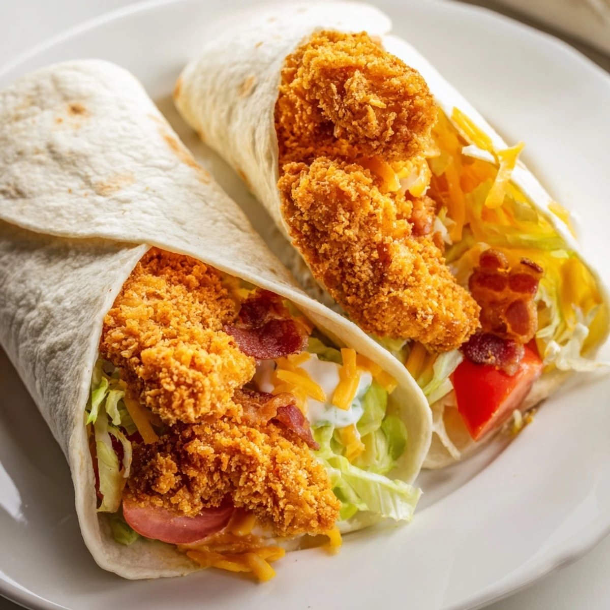 Golden, crispy chicken strips and savory bacon fill this irresistible Crispy Chicken Bacon Ranch Wrap.