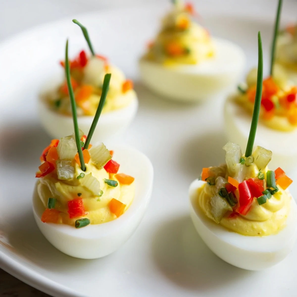 Festive deviled egg ornaments, creamy egg filling topped with vibrant pepper and chive decorations.