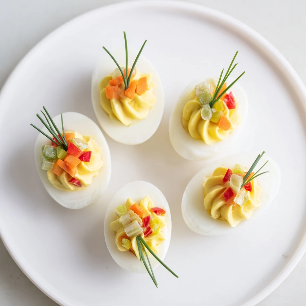 Colorful close-up of delicious festive deviled egg ornaments, perfect for your holiday appetizer table.