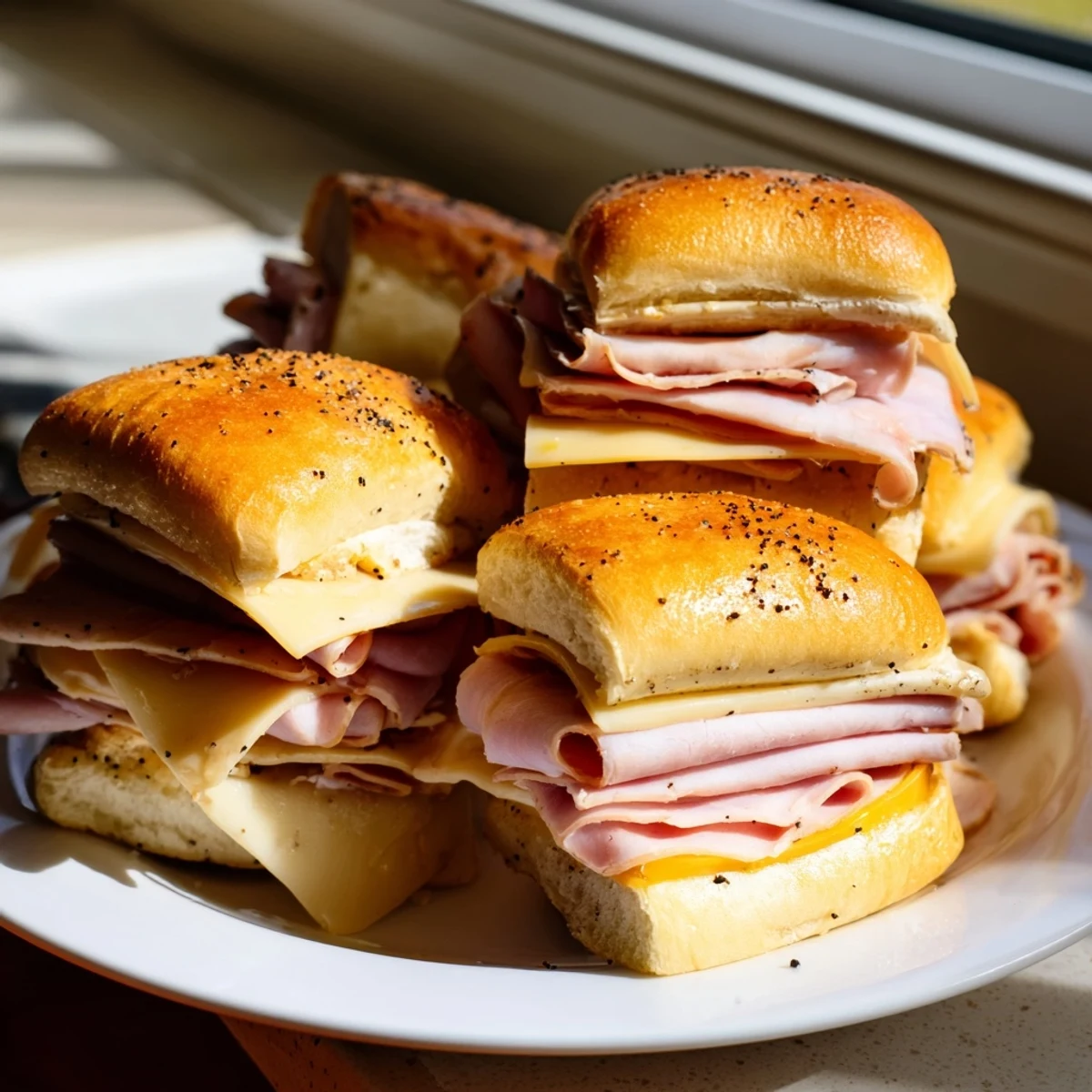 Warm and melty Budget-Friendly Ham & Cheese Sliders with a buttery glaze, ready to eat and enjoy.