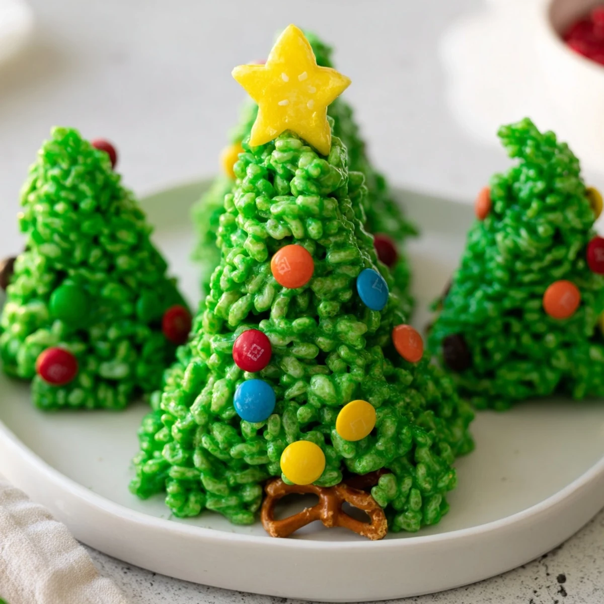 Holiday treat: Christmas Tree Rice Crispy Treats, green and shimmering, covered in bright candies ready to eat.