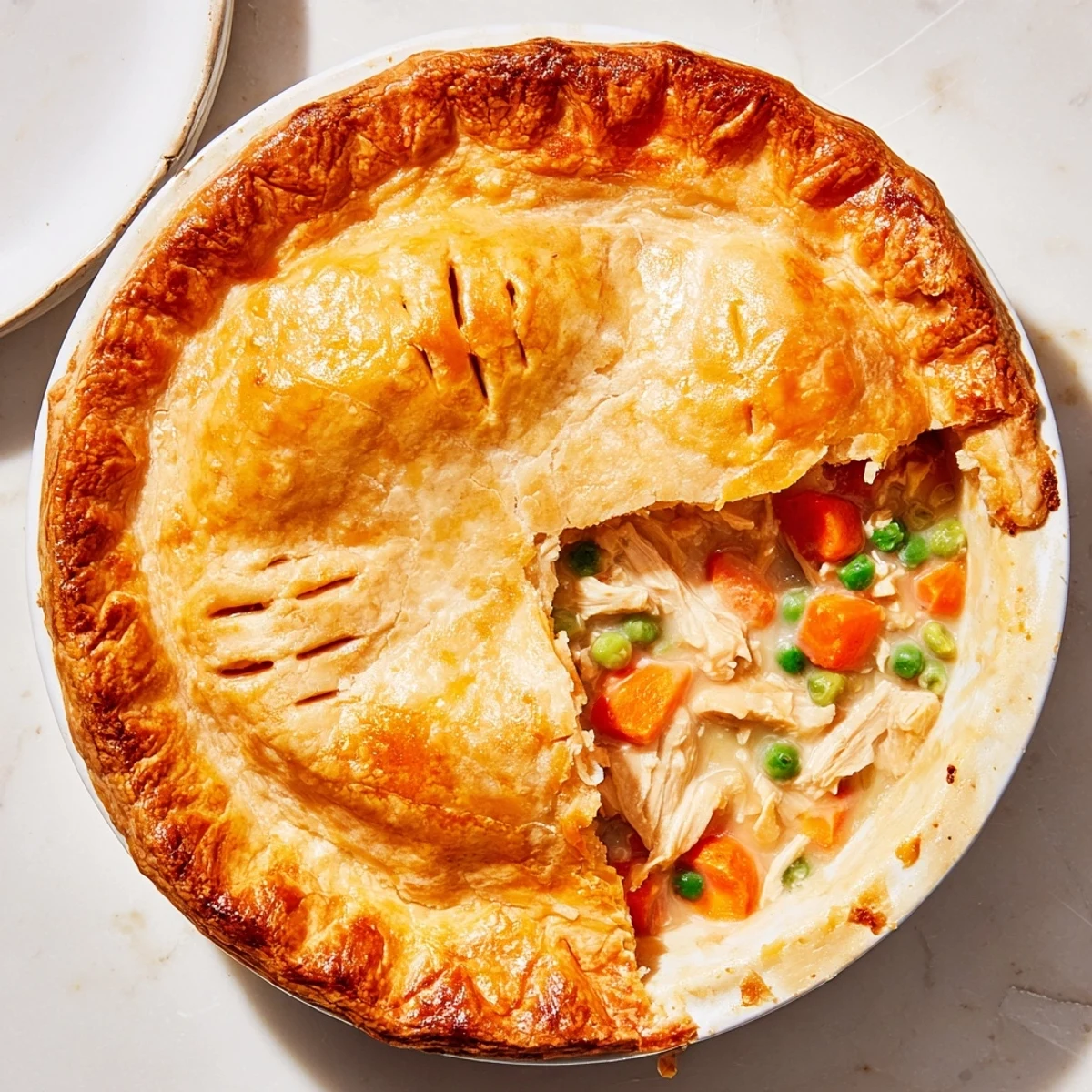 Golden, bubbly Marry Me Chicken Pot Pie, a comforting dish with a flaky, buttery crust.