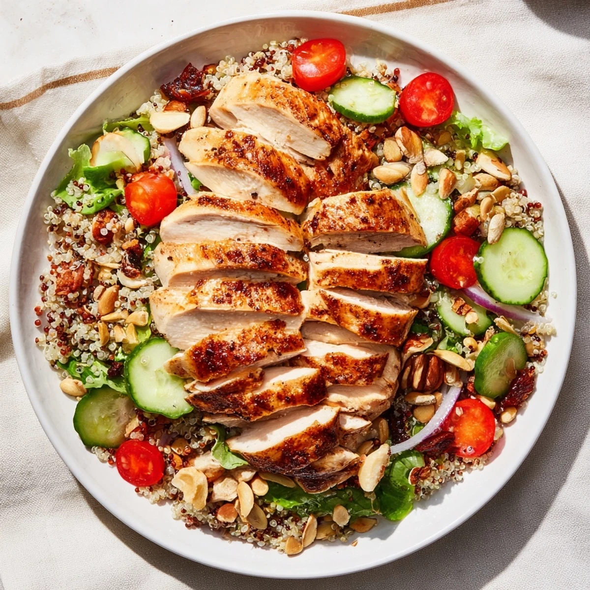 A colorful bowl of Crunchy Quinoa Chicken Salad, showcasing fresh vegetables and grilled chicken.