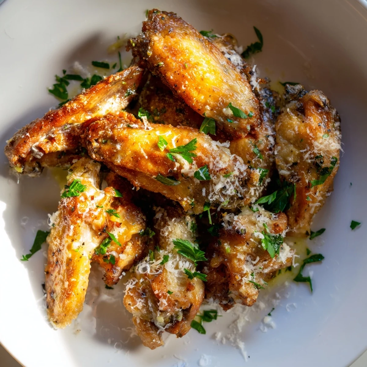 Golden brown Air Fryer Garlic-Parmesan Chicken Wings, crispy, savory appetizer ready to enjoy hot.