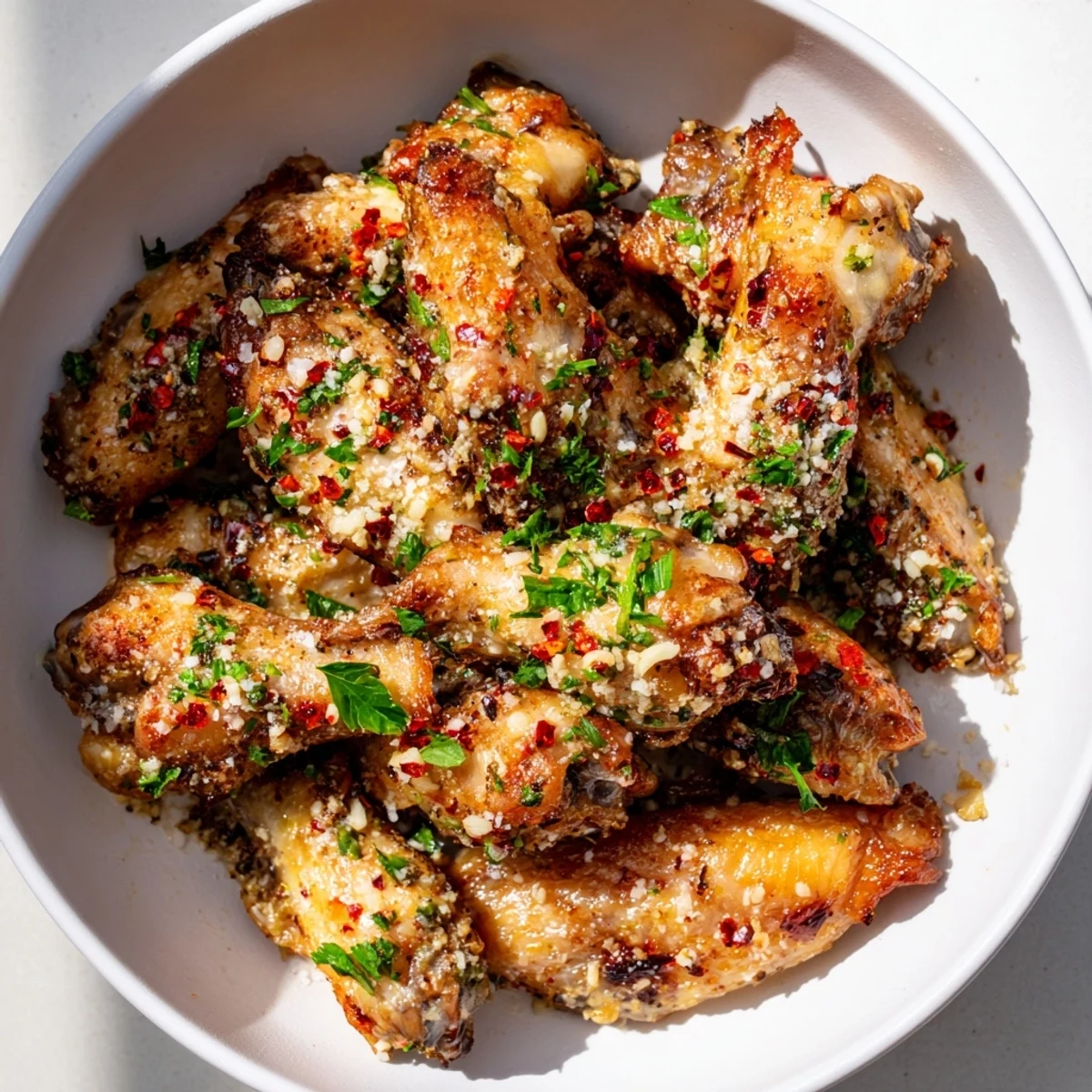 Platter of delicious Air Fryer Garlic-Parmesan Chicken Wings, perfect for game day snacking.