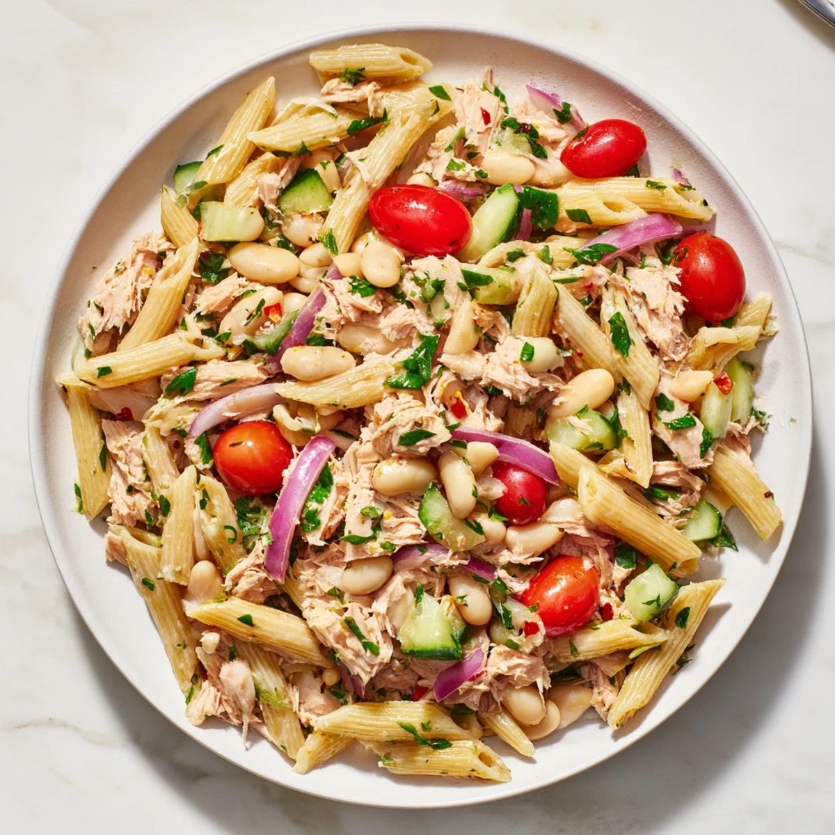 Spicy Tuna and White Bean Pasta Salad: a colorful, chilled pasta dish with flaky tuna and fresh veggies.