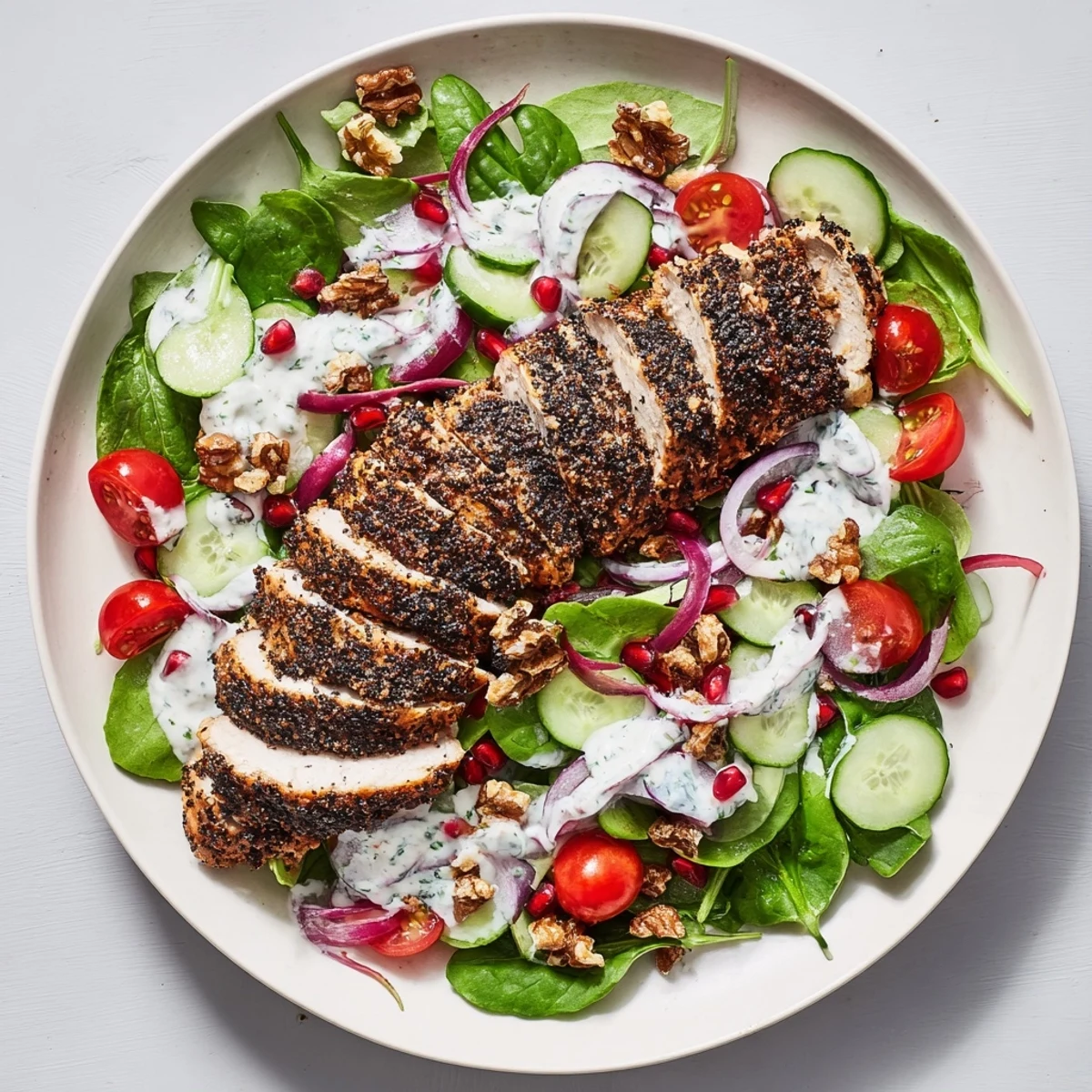 Holiday Black Pepper Chicken & Yogurt Salad with grilled chicken and vibrant fresh vegetables.