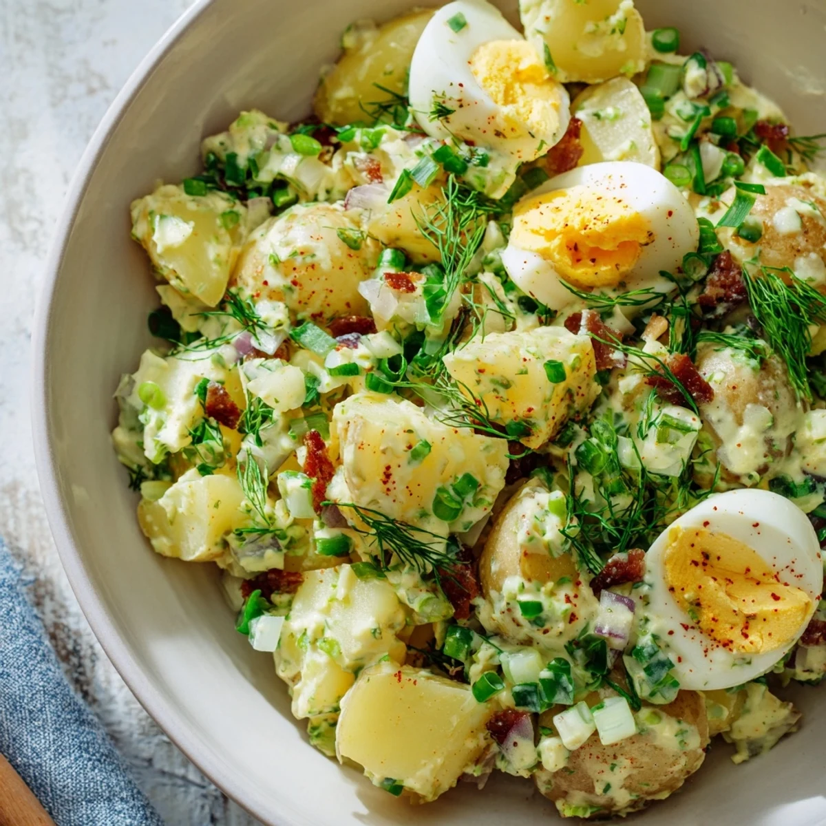 Savory chopped egg and potato salad with a creamy dressing, ready for your next picnic.