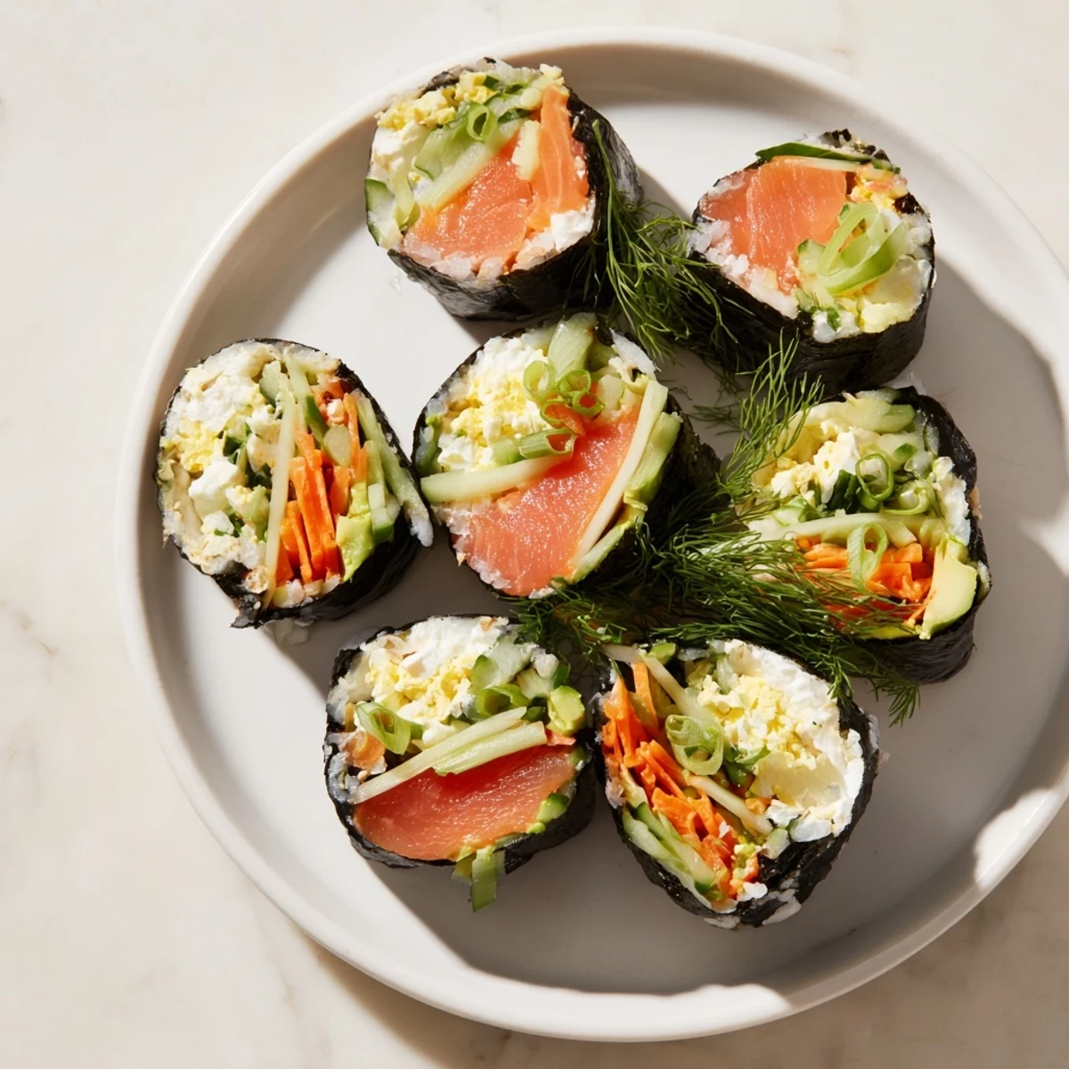 Vibrant High-Protein Sushi Wrap Smoked Salmon Holiday Roll, featuring layers of salmon and veggies, ready to eat.