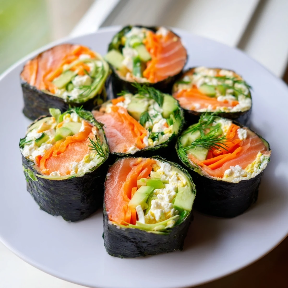 Appetizing High-Protein Sushi Wrap Smoked Salmon Holiday Roll pieces, garnished with dill and ready to be dipped.