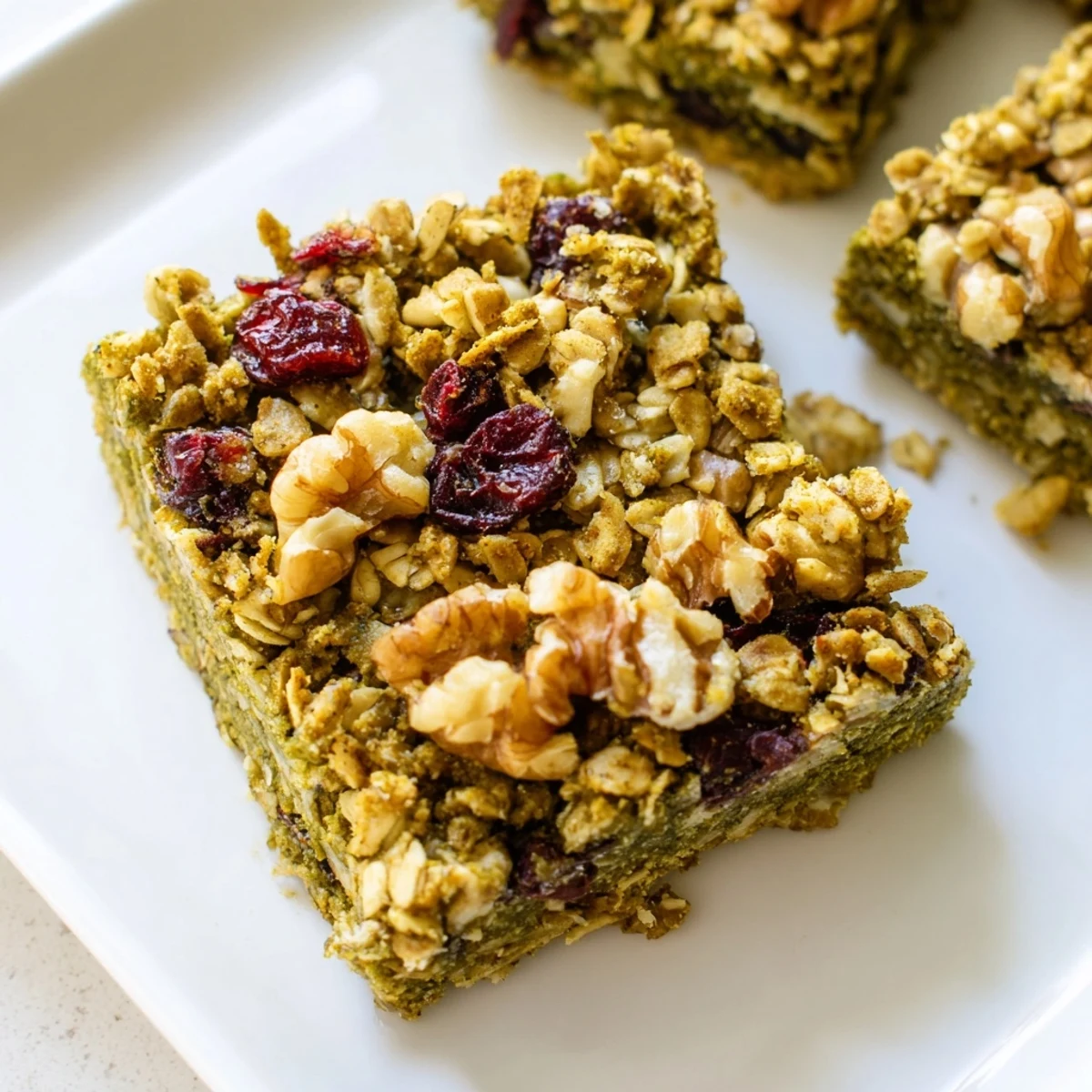 Golden-topped Matcha Cranberry Oat Crumble Breakfast Bars, perfect for a grab-and-go morning treat.