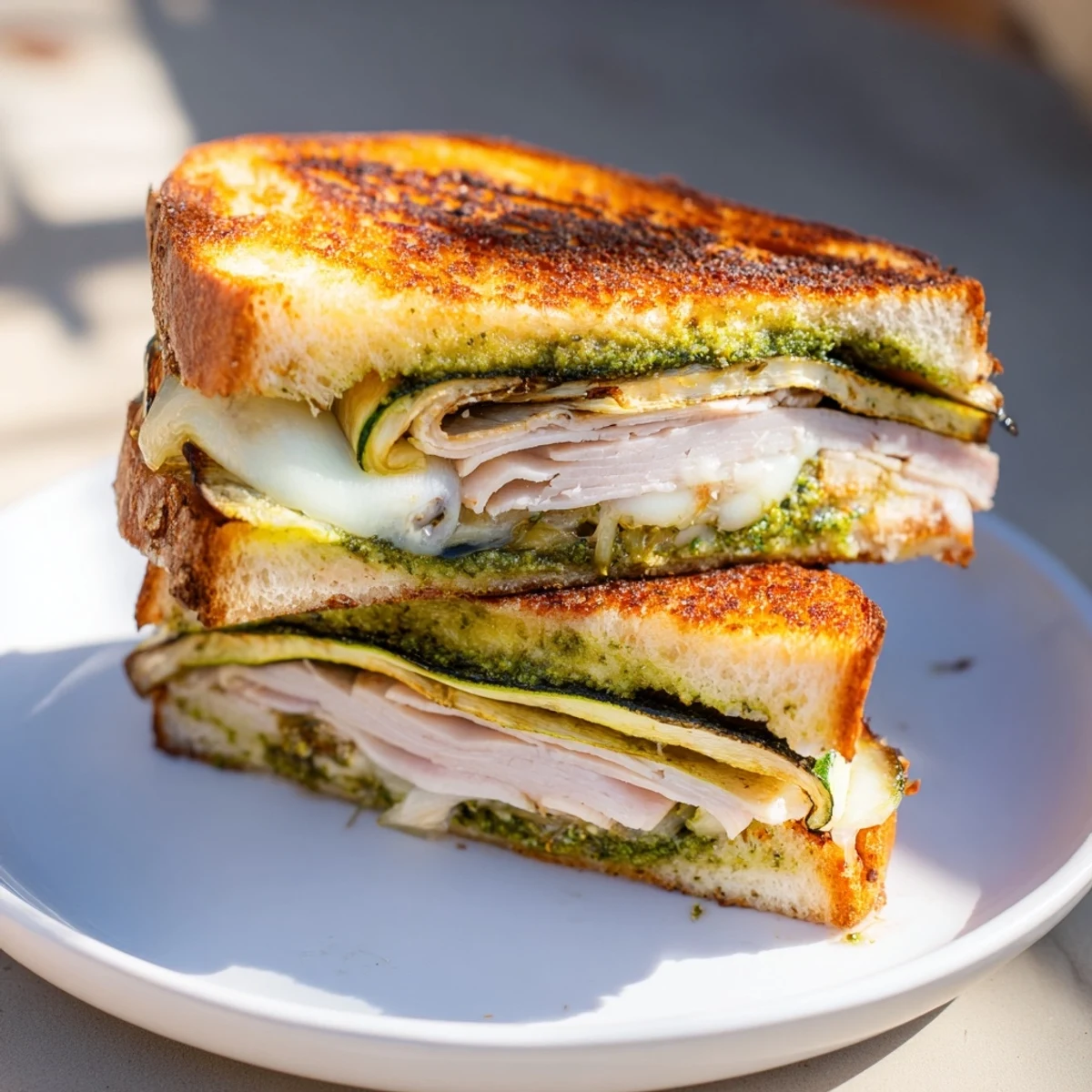 A close-up of perfectly grilled Pesto Turkey Zucchini Grilled Cheese Stacks ready to be sliced and devoured.