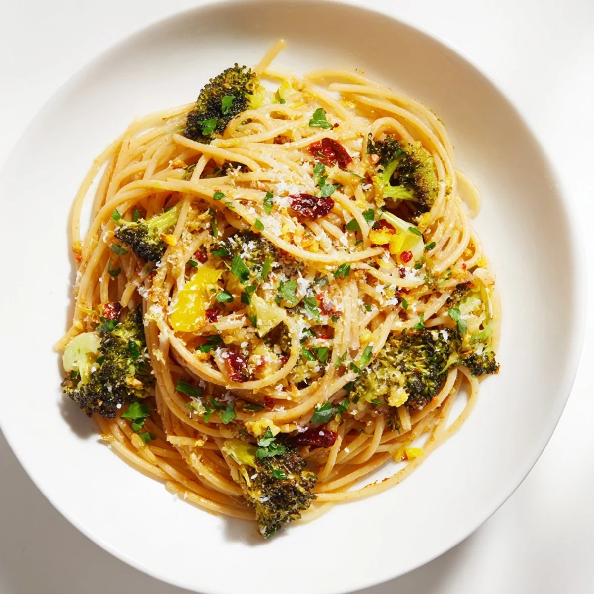 Vibrant Roasted Garlic Lemon Broccoli Angel Hair Pasta, tossed al dente, ready to eat.