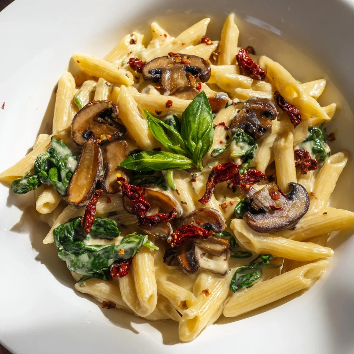 Enjoy a comforting bowl of Creamy Sun-Dried Tomato Mushroom Penne Skillet, a vegetarian Italian delight.