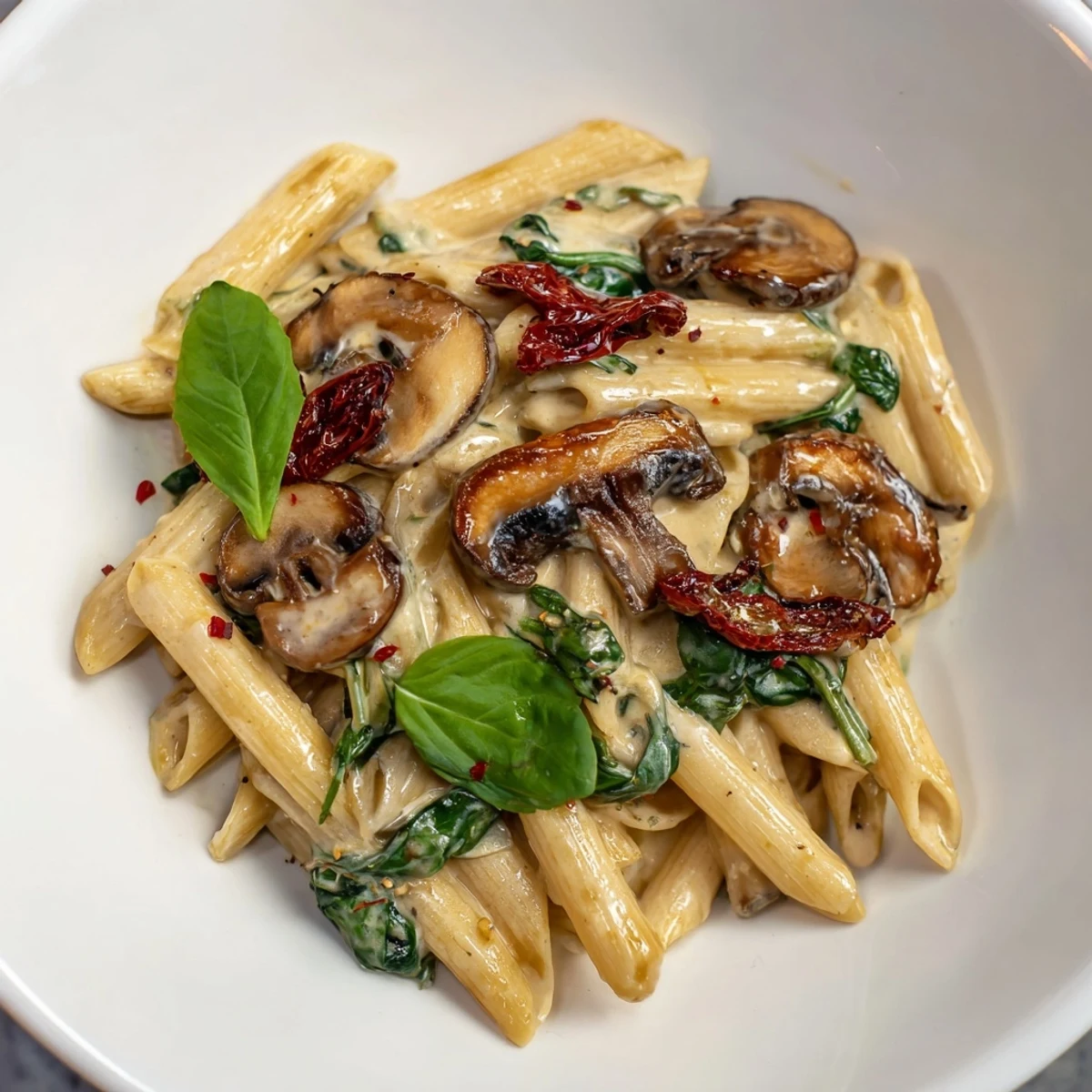 Savor the flavors of this hearty Creamy Sun-Dried Tomato Mushroom Penne Skillet, ready in under an hour.