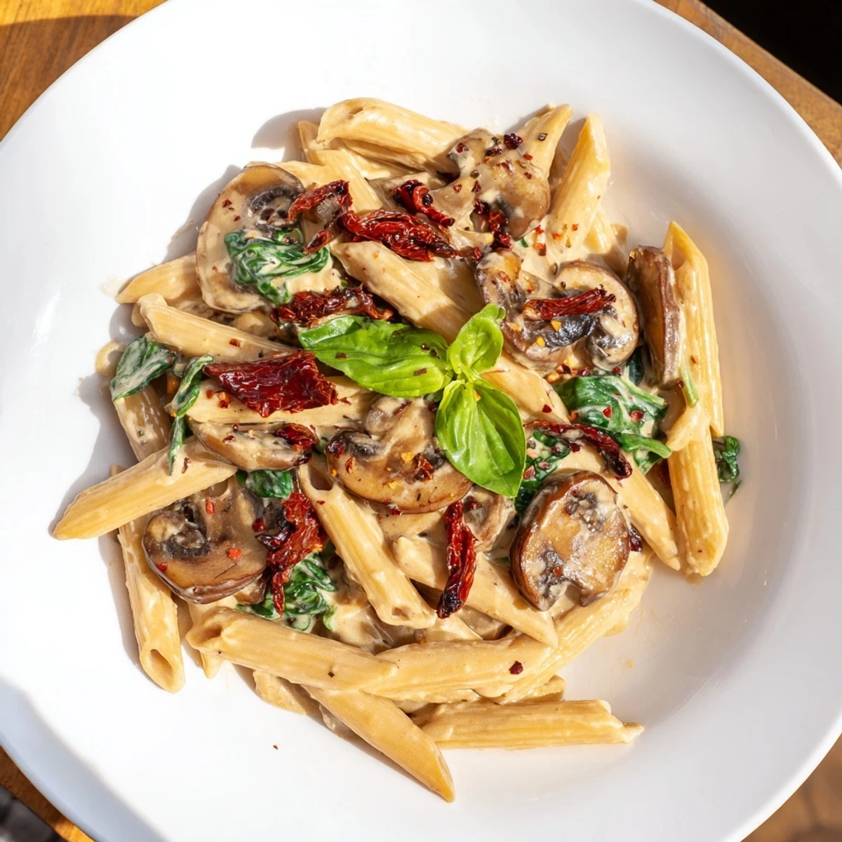 A one-pan Creamy Sun-Dried Tomato Mushroom Penne Skillet, rich with creamy sauce and fresh basil.