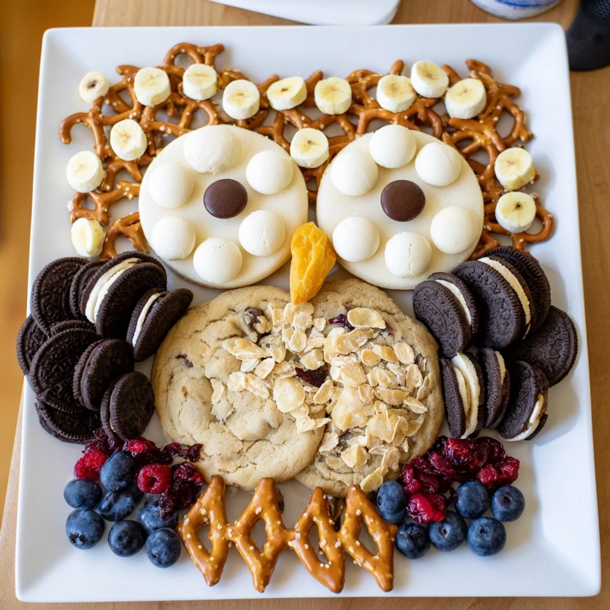 Owl Hooting Dessert Board with chocolate cookies, whipped cream, and fruit is perfect for sharing.