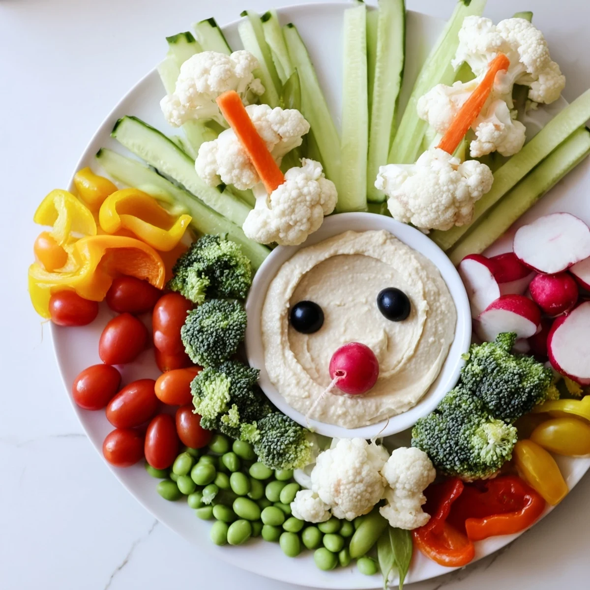 A vibrant Bunny Meadow Veggie Board with colorful veggies and creamy dip, ideal for snacking.