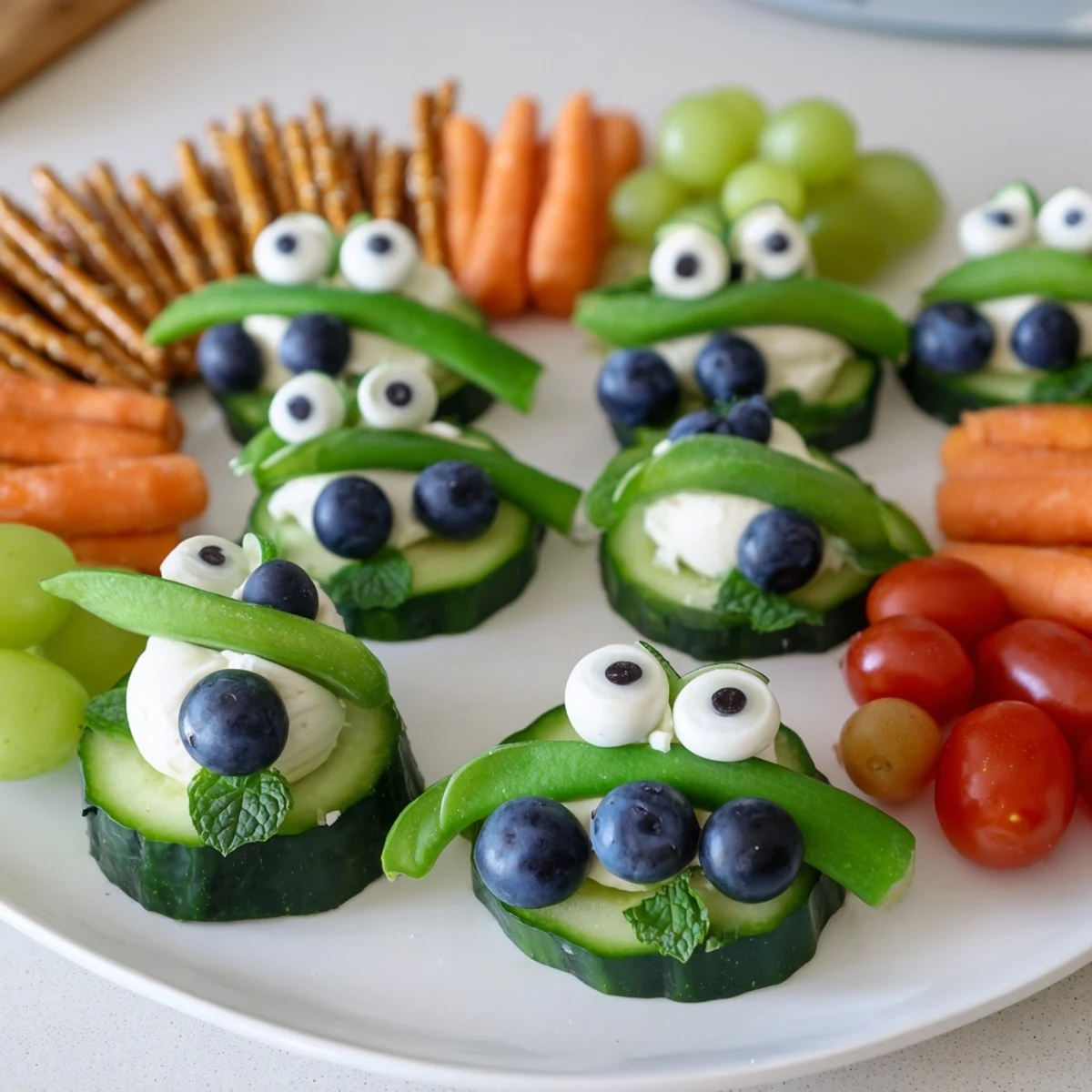 Frog Pond Snack Tray: Cucumber lily pads host mozzarella frogs with candy eyes and pea legs.