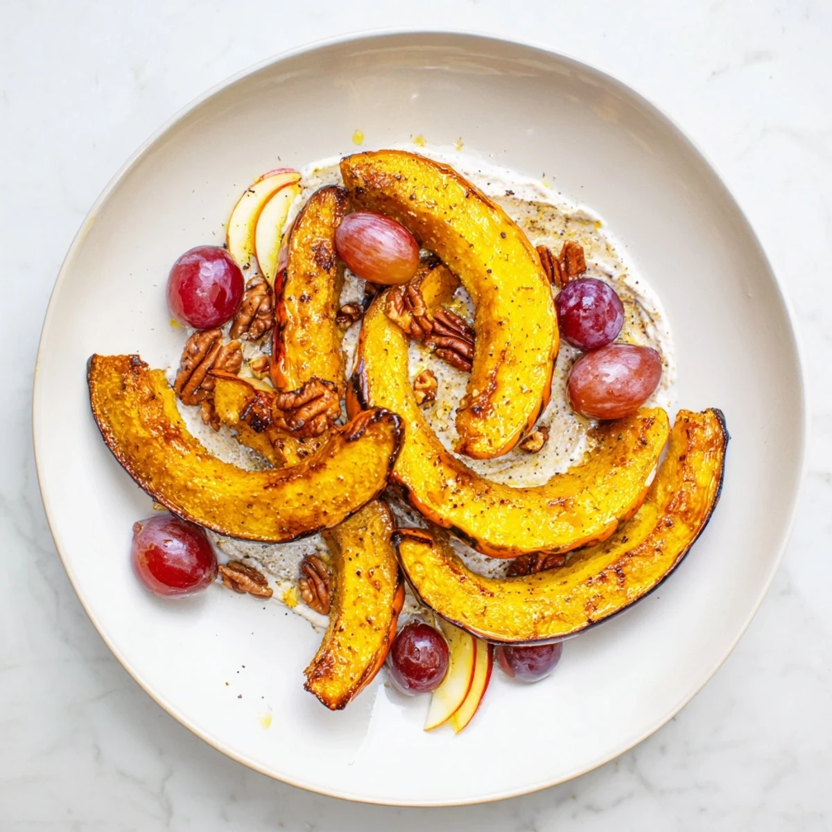 Cozy autumn Squirrels Acorn Hoard Platter, featuring roasted squash, creamy nutty dips, and crunchy seeds.