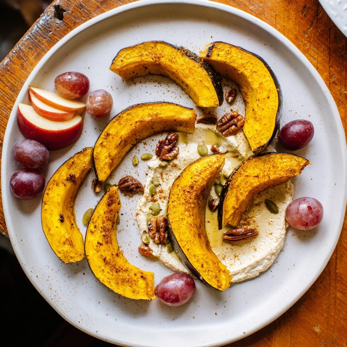 Enjoy a colorful Squirrels Acorn Hoard Platter with golden roasted acorn squash and sweet candied pecans.