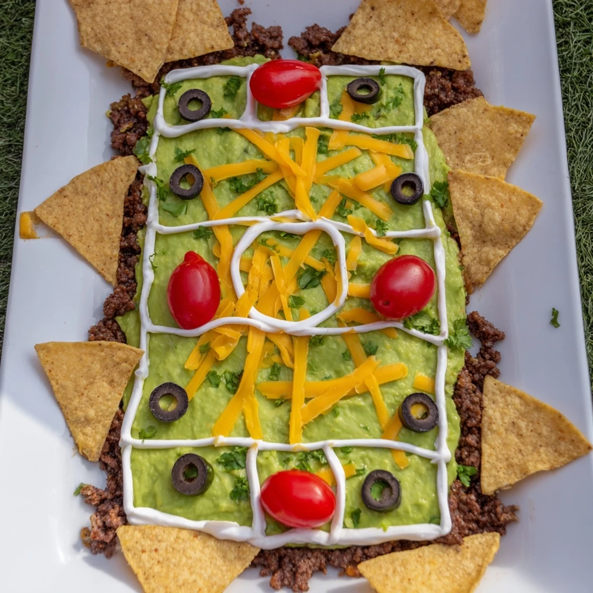 This loaded soccer field nacho platter, perfect for game day, features a delicious cheesy base with colorful toppings.