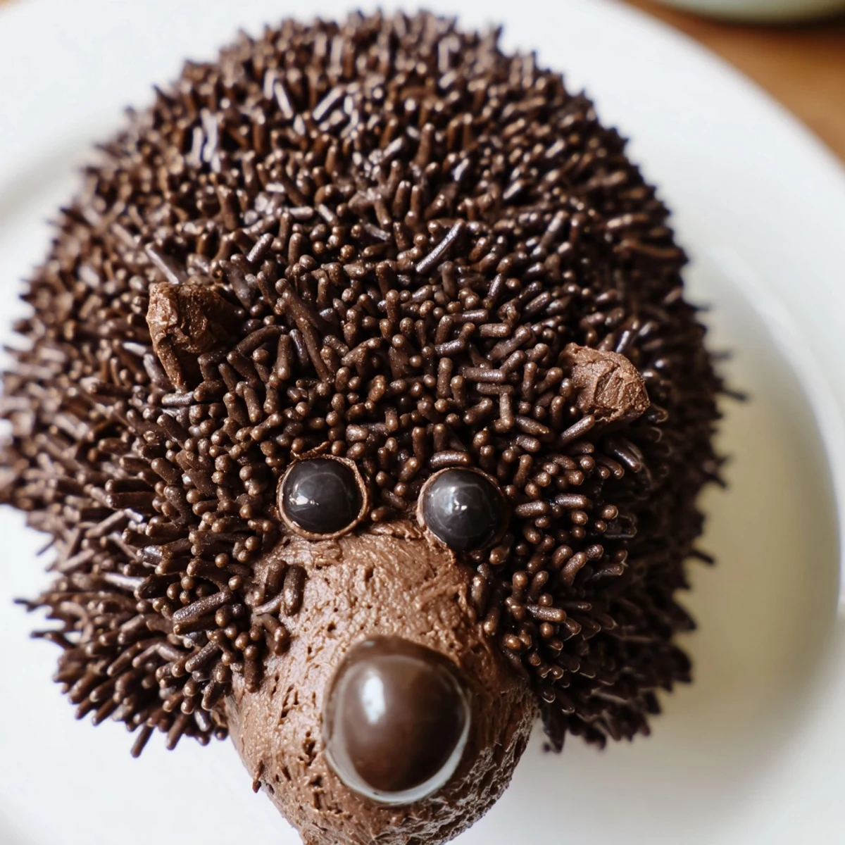 Fluffy hedgehog cupcake tower, decorated with chocolate sprinkles, awaiting a fun kids party or celebration.