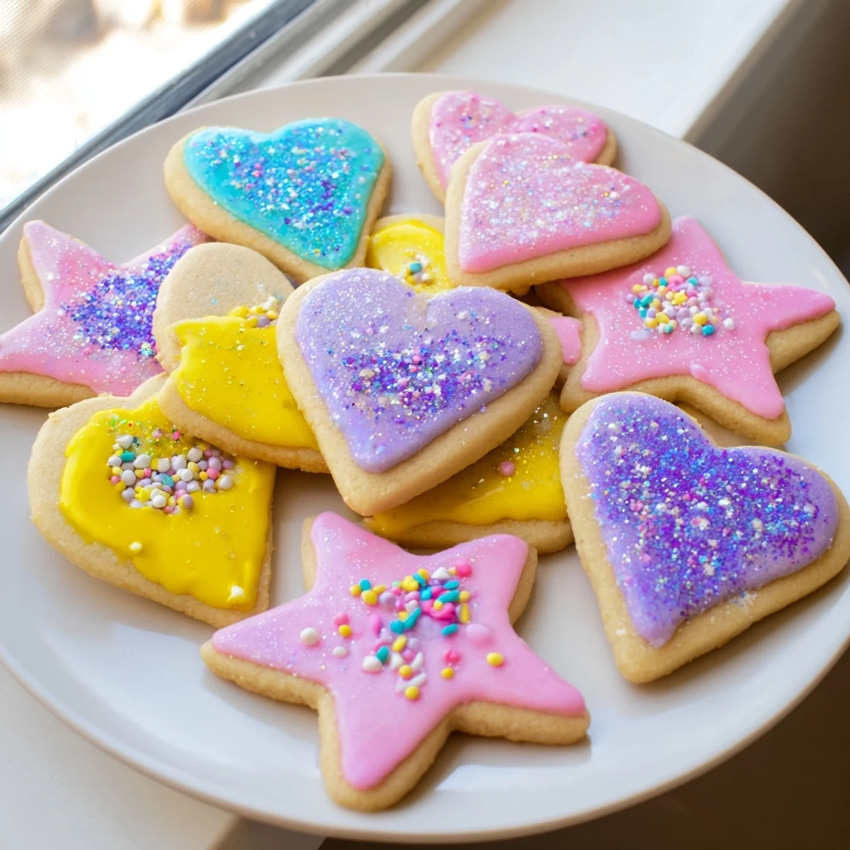 Delicate Princess Palace Heart & Star Treats with vibrant pink icing and edible glitter topping.