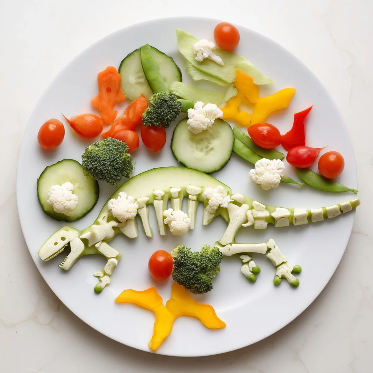 Dino-Mite Dinosaur Fossil Crudités: a colorful veggie platter with carrot "bones" and vibrant dipping sauce.