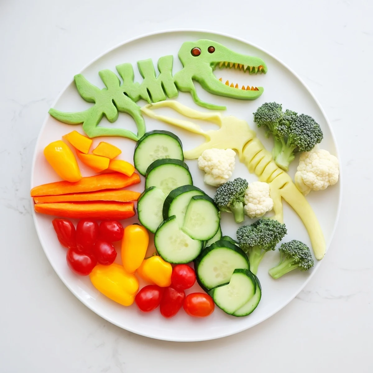 Freshly arranged Dino-Mite Dinosaur Fossil Crudités with crisp vegetables, perfect for a kids' party snack.