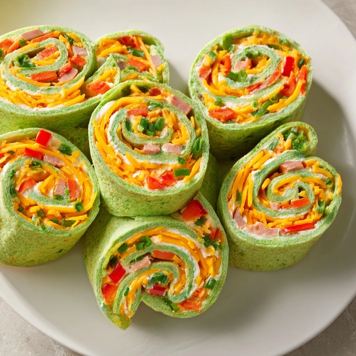 Cozy Scarf Holiday Pinwheel Wraps arranged beautifully on a platter, showcasing colorful veggie fillings.