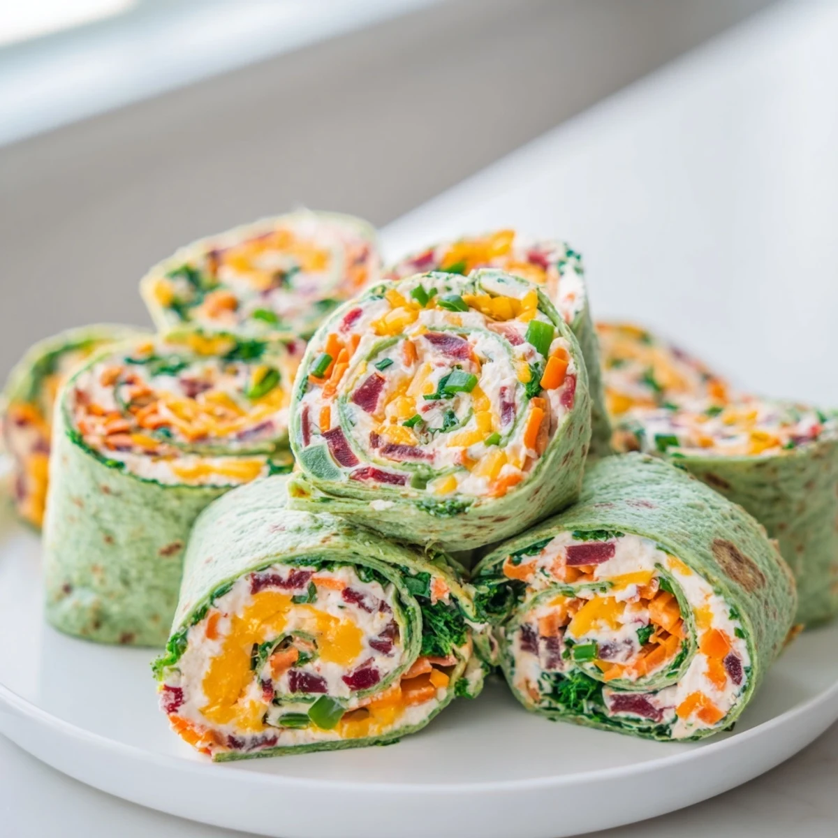 Freshly cut Cozy Scarf Holiday Pinwheel Wraps, highlighting the creamy cheese and vibrant vegetable filling in each bite.